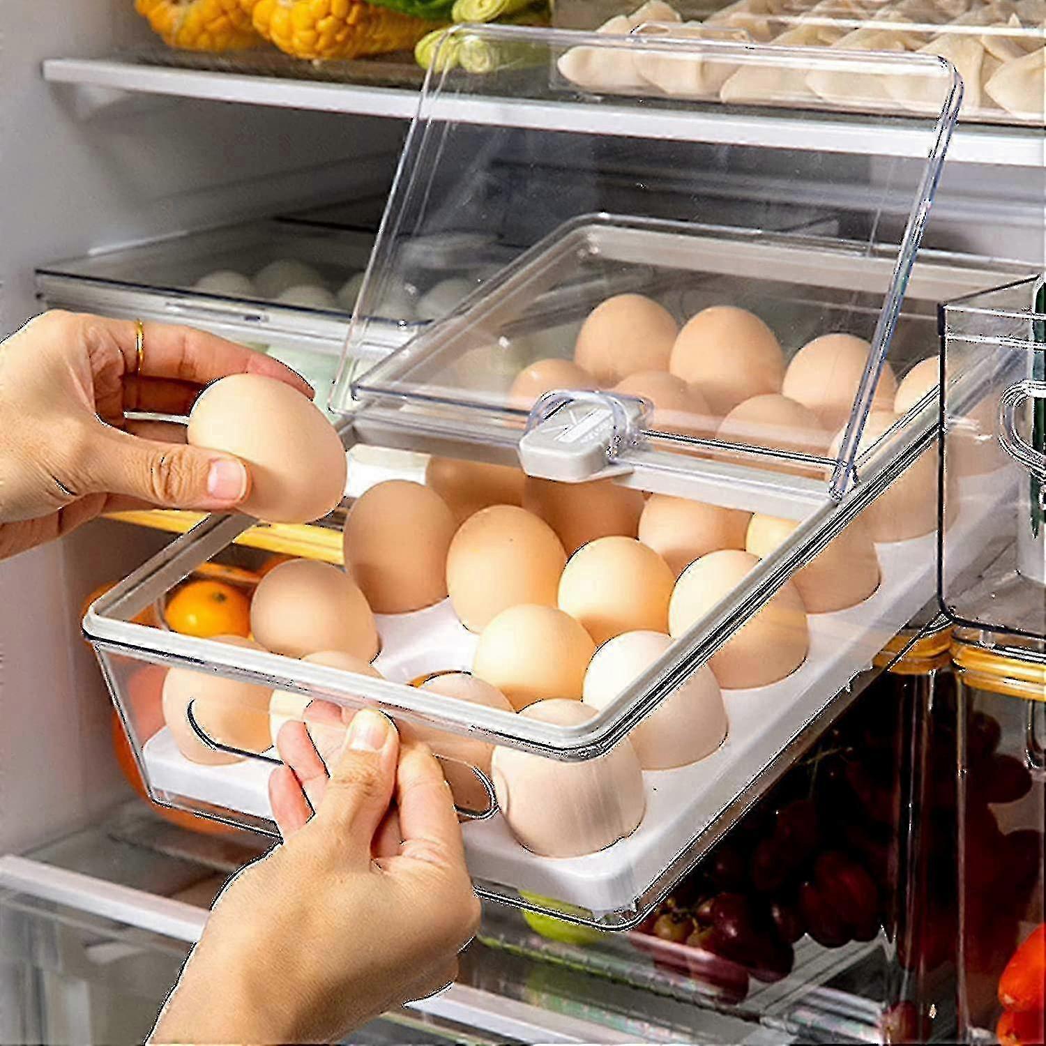 24 Egg Fridge Organizer with Dustproof Lid & Handle, Plastic Egg Storage Container (Gray)