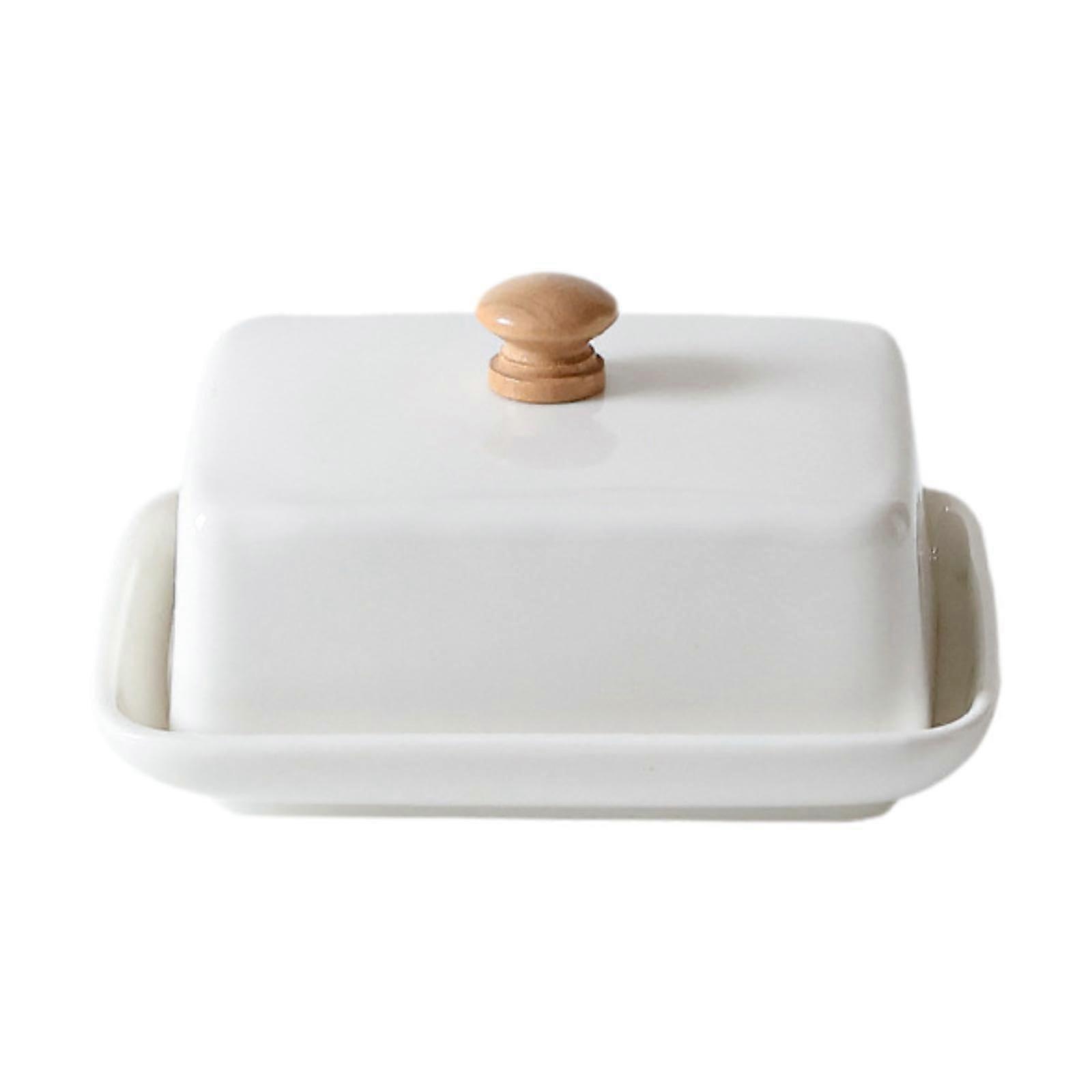 Ceramic Butter Dish with Lid White Porcelain Butter Keeper with Elegant Gold Handle for Countertop