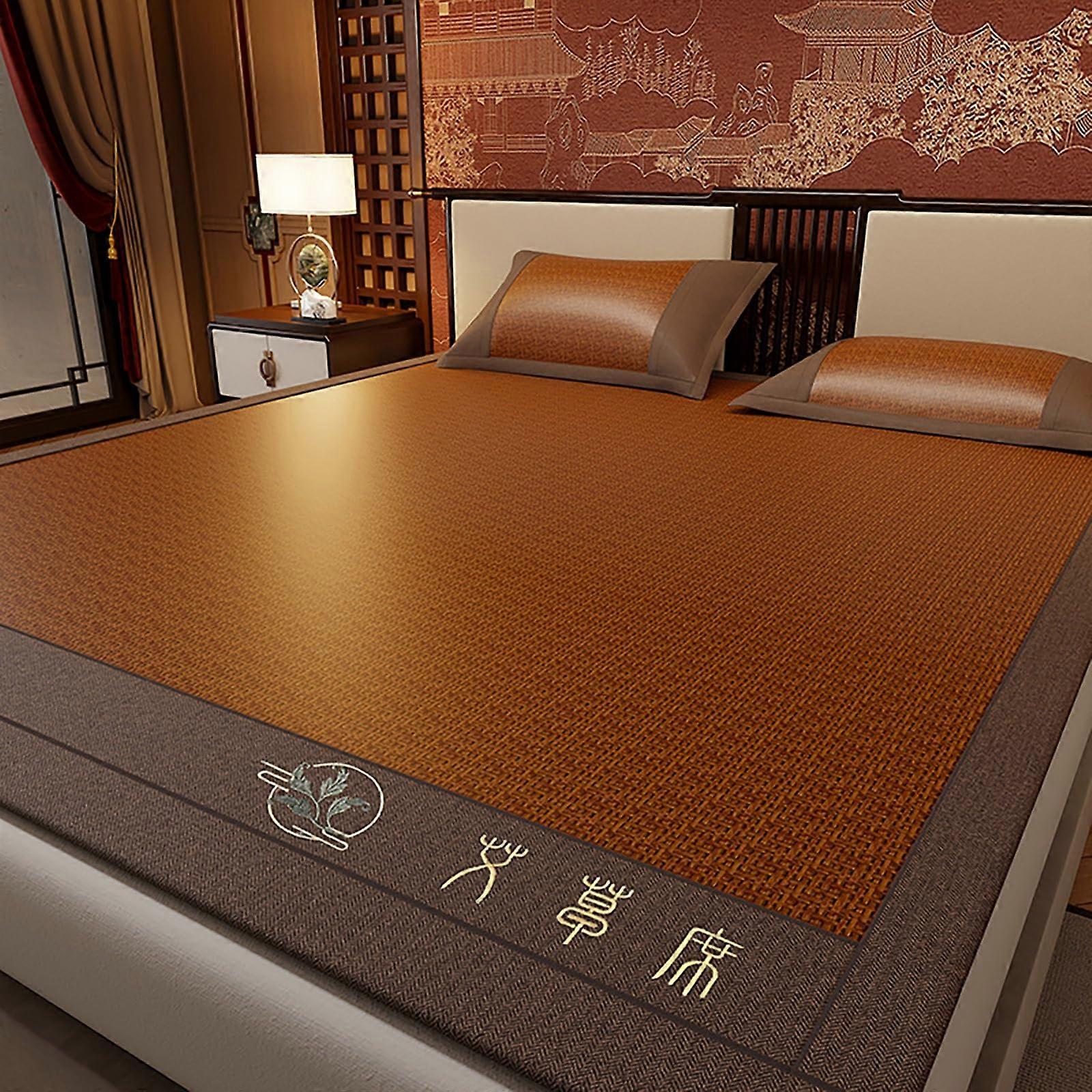 DoubleSided Rattan Cooling Sleeping Mat with Pillowcase, Foldable Breathable Summer Bed Mat Brown 180x220cm