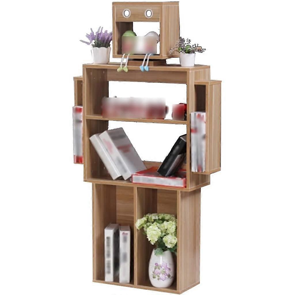 Robot Shaped Wooden Bookshelf with 3 Tier Display Rack and Rotatable Head, Walnut Storage Organizer
