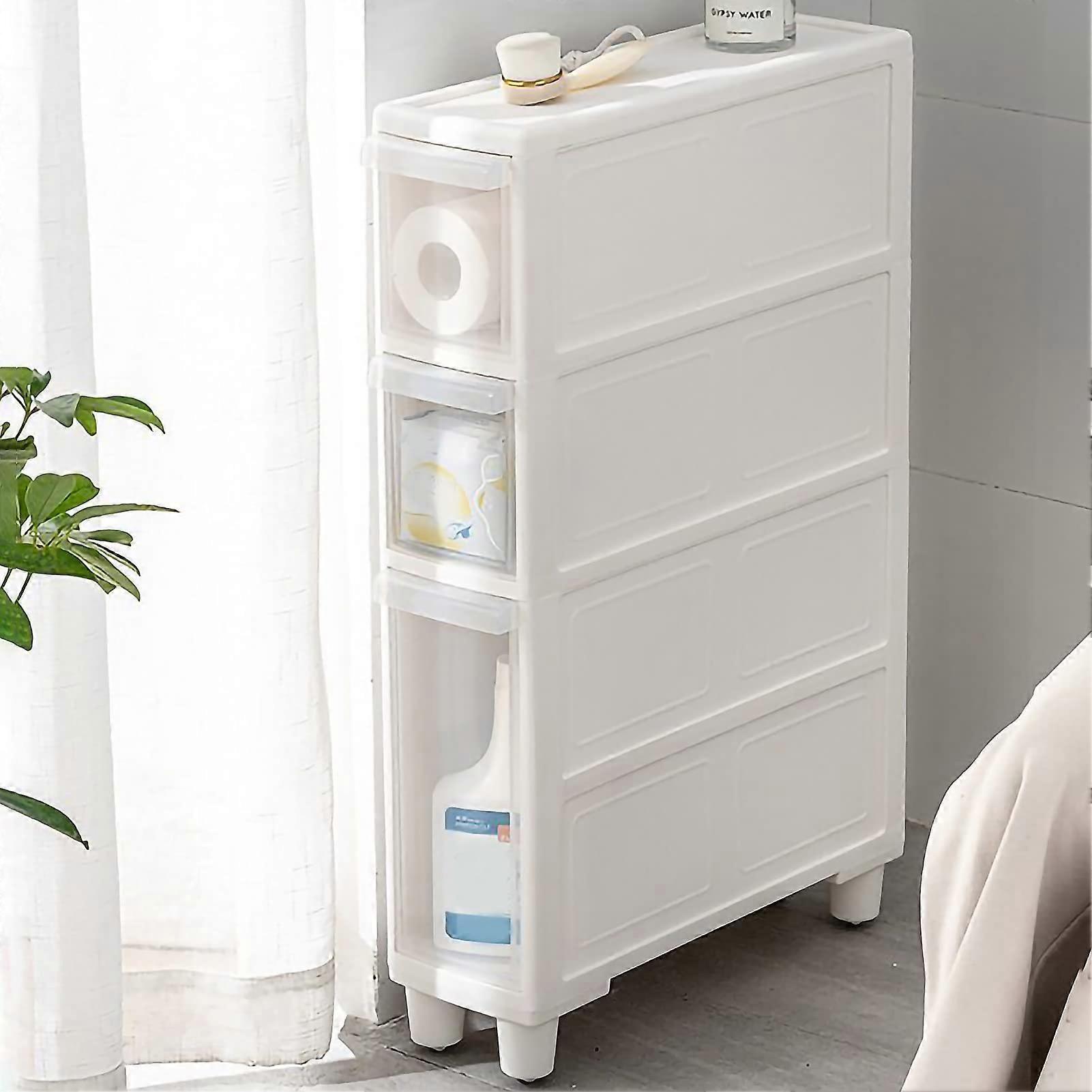 Slim Tall Bathroom Storage Cabinet with 4 Drawers, Lockable Wheels, MoistureResistant Surface