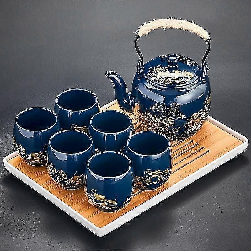 Black Glazed Tea Set for Office Use in Country Blue Size 
