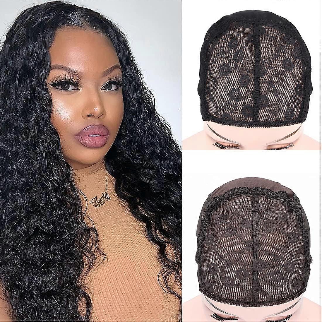 2Pcs XL Brown Double Lace Wig Cap with Adjustable Straps and Combs for Wig Making