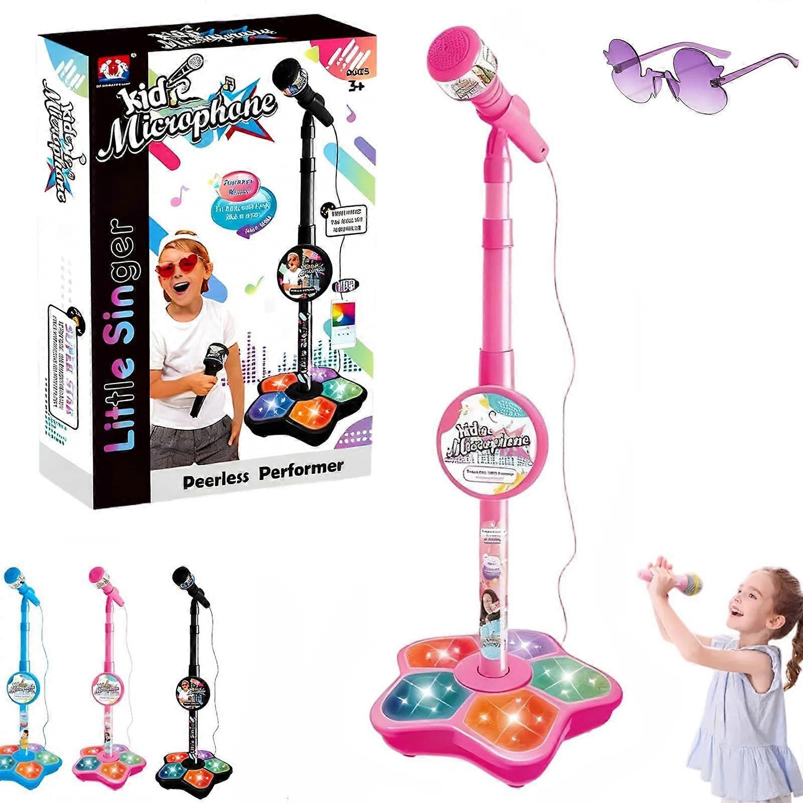 Kids Karaoke Microphone with Stand Bluetooth, Dynamic LED Lights, Adjustable Height for Children