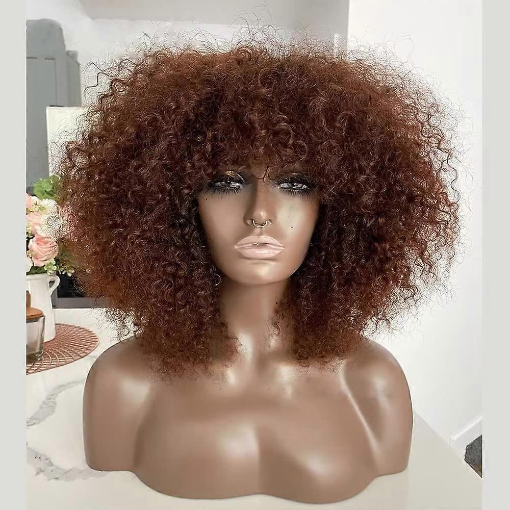 Peruca de cabelo humano afro crespo cacheado de 20 polegadas, marrom, sem cola, com frente de renda, densidade 200%, virgem brasileiro.