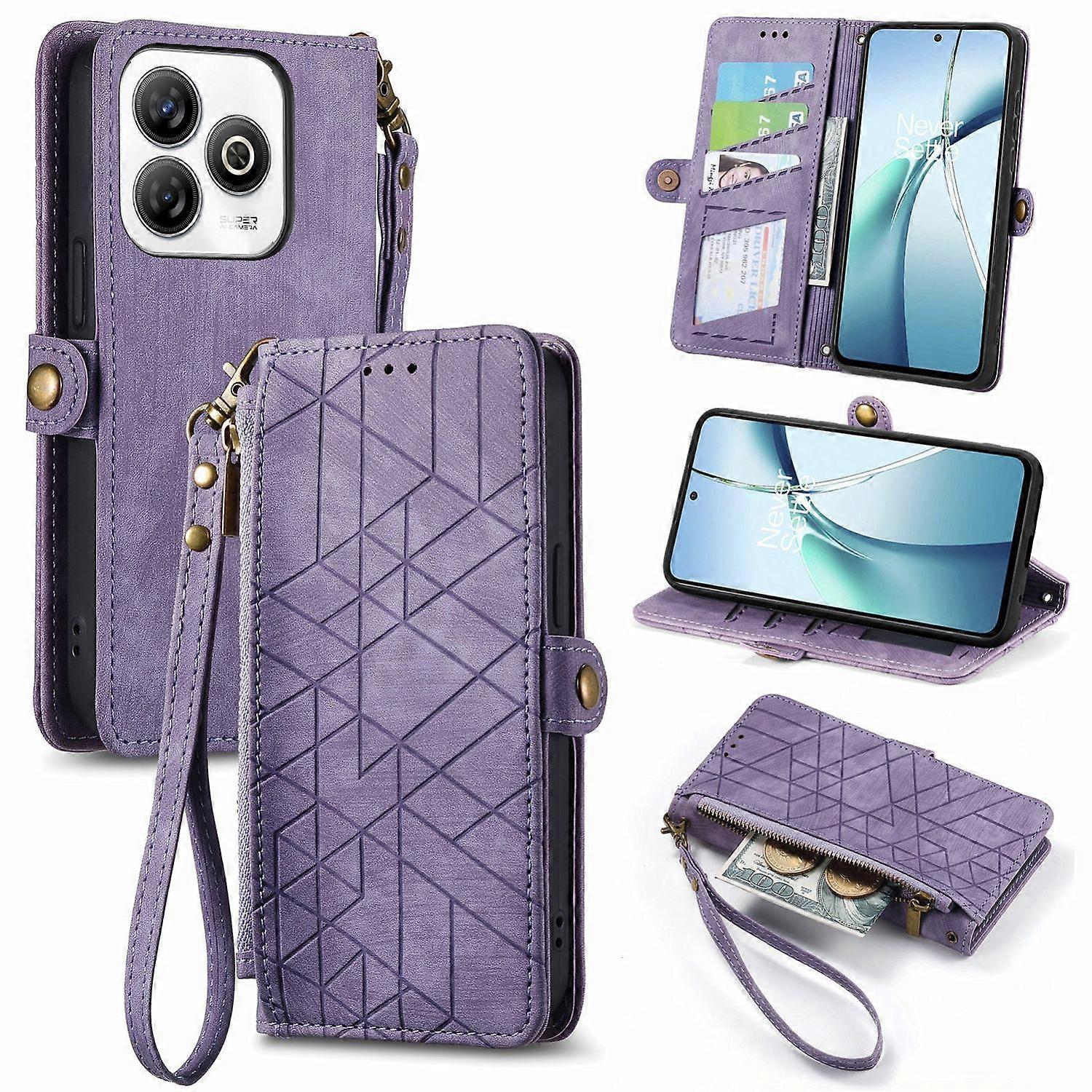 For ZTE Blade A75 4G Geometric Design Faux Leather Zipper Book Wallet Case with Loop Purple