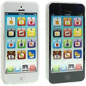 Two black and white Yphone toy phones that can play music, teach English, and have Christmas light interactive features. Suitable for toddlers, babi
