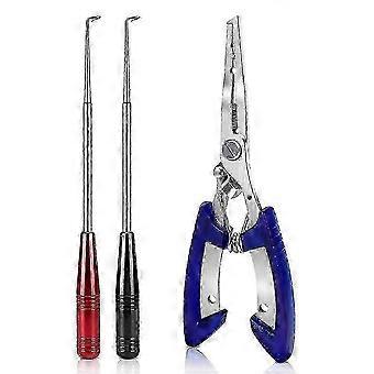 Fishing Tool Kit, 2 Stainless Steel Fish Hook Removers, 1 Split Ring Pliers, Magnetic Tip, Non-Slip Handle, for Hook Removal, Line Cutting, Split Ring