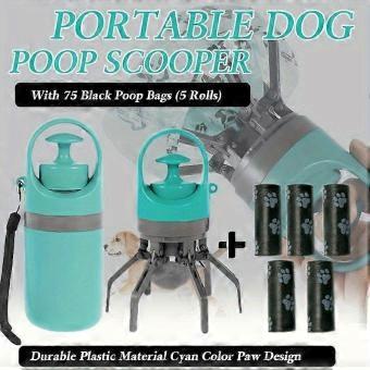 Dog Poop Scooper Set, Portable featuring Bag Dispenser, 6-Piece, Cyan Plastic, 75 Bags (5 Rolls) Paw Print Design for Outdoor Waste Pick-Up