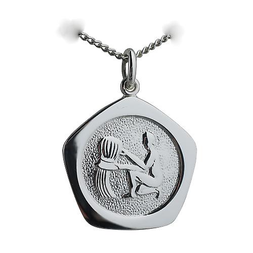 Silver 21mm five sided Aquarius Zodiac Pendant with a curb Chain 24 inches