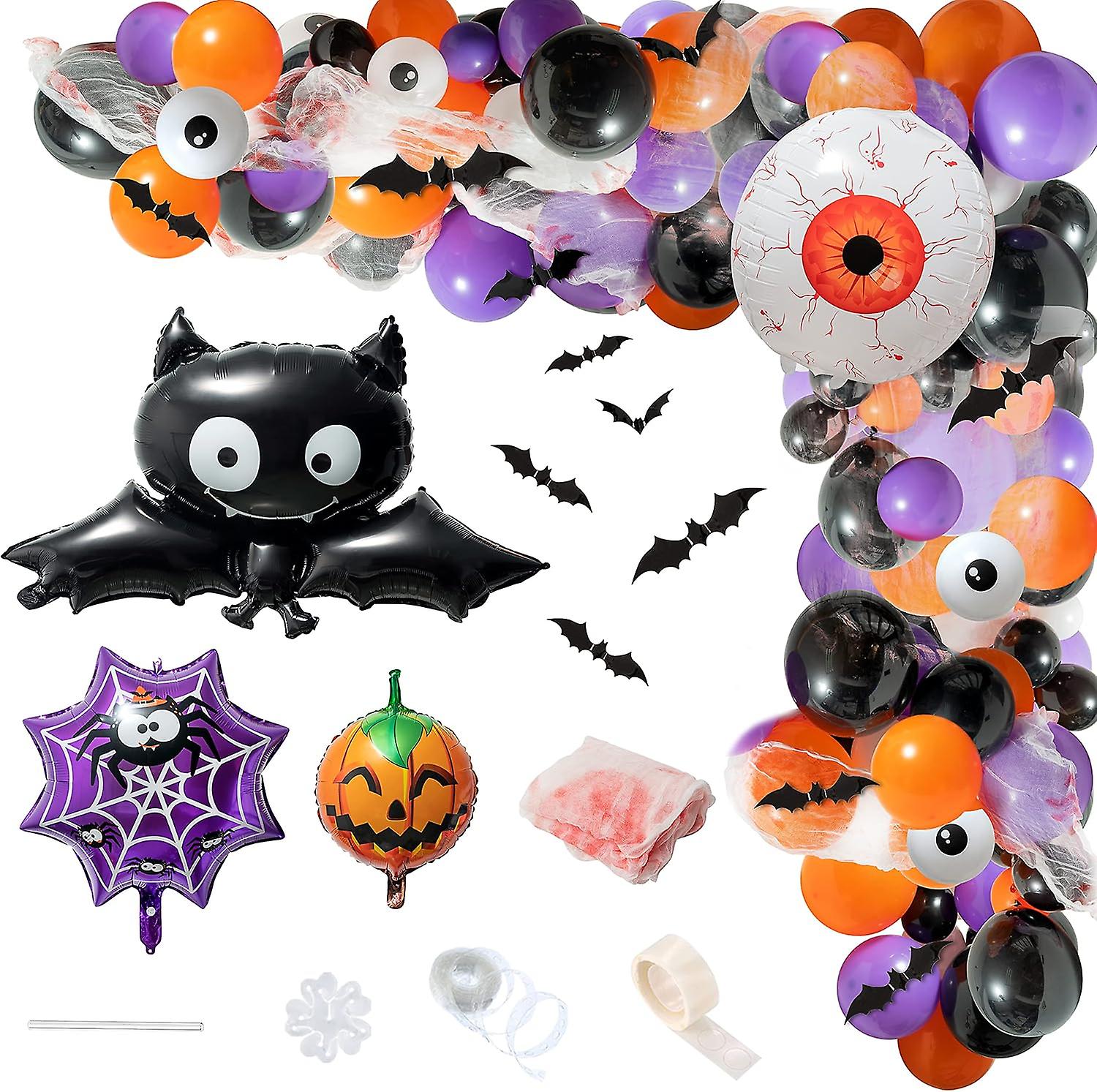 109Pcsハロウィンバルーンアーチガーランドキット、3Dバットスパイダーブラックレンジパープルラテックスバルーンお化け屋敷カボチャゴーストバルーンガーランドパーが含まれています