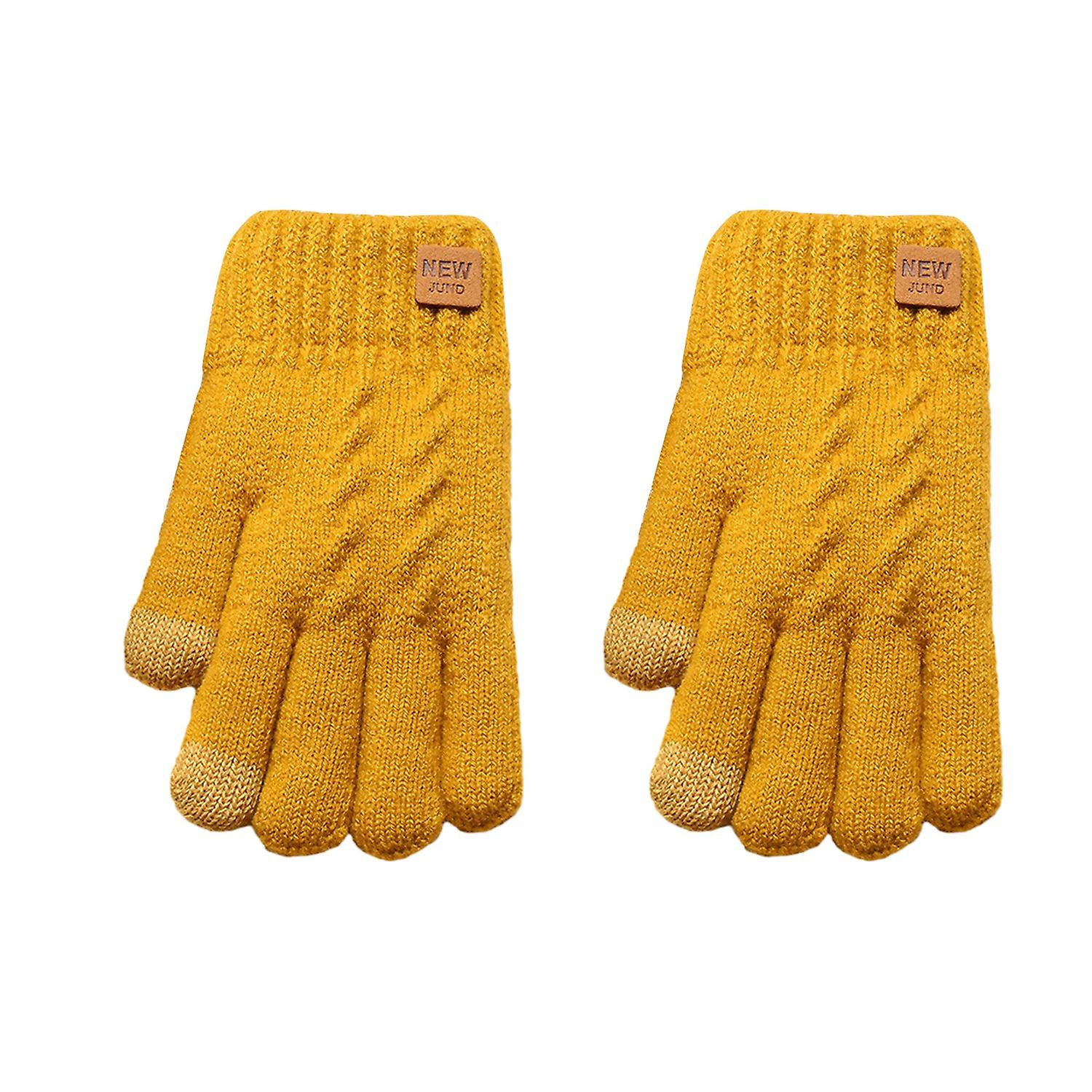 1 Pair Women Winter Solid Color Knitting Gloves Loge Pattern Double Layer Thickened Cuffs Gloves