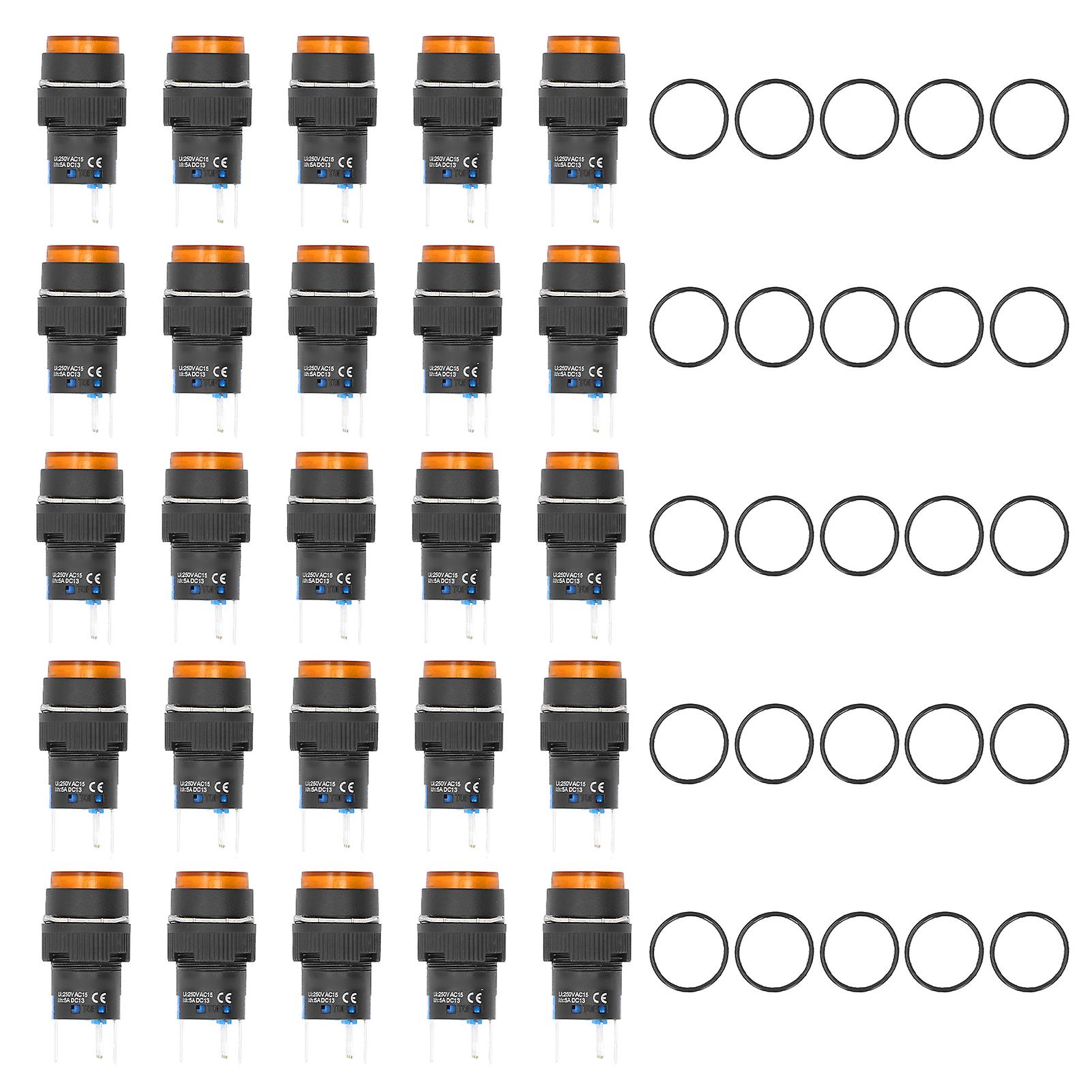 25 חתיכות של מתגי כפתור 16 מ"מ עגולים עם נעילה עצמית 220V צהוב 5 פינים עם אורות עם אורות, נעילה עצמית