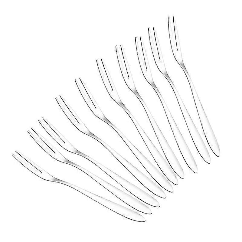 10pcs Stainless Steel Reusable Fruit Fork Cake Dessert Salad Fork Two- Fork Set Kitchen Tool 13cm