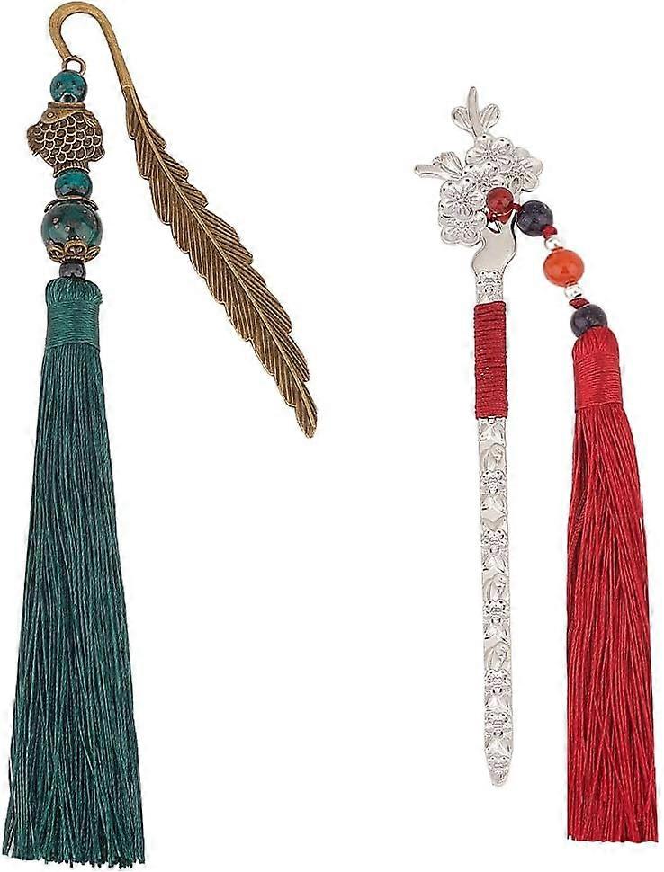 2pcs Vintage Metal Bookmarks with Tassel Ancient Chinese Style Book Mark Classics Alloy Page Marker Plum Blossom Feather Shaped Bookmarks for Back to