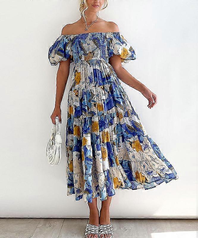 Women's 2024 Summer Casual Boho Beach Dress One Shoulder Puff Sleeve A Line Dresses