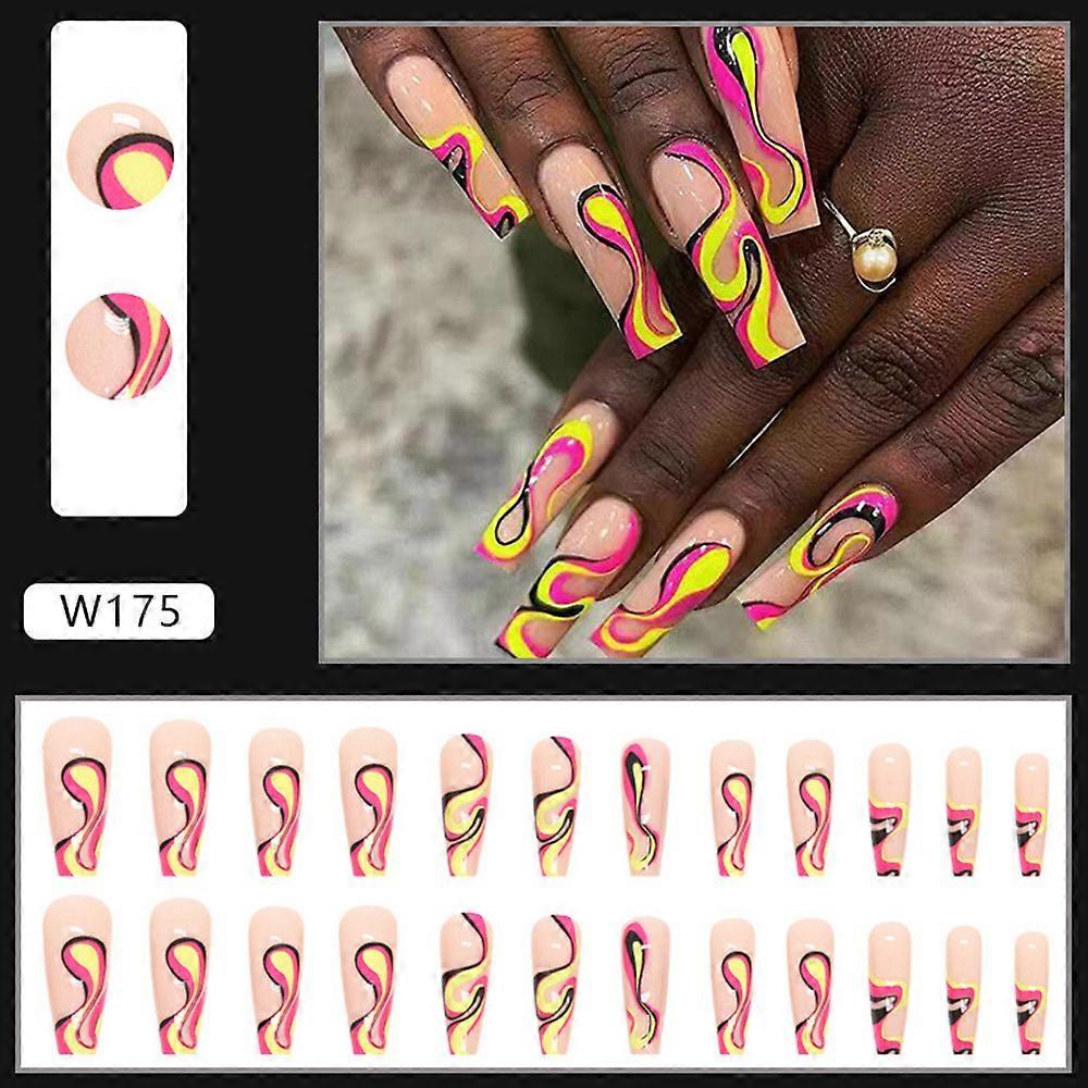 24Pcs Glossy False Nails Multi-color Ripple Long Ballet Nails for Women Girls