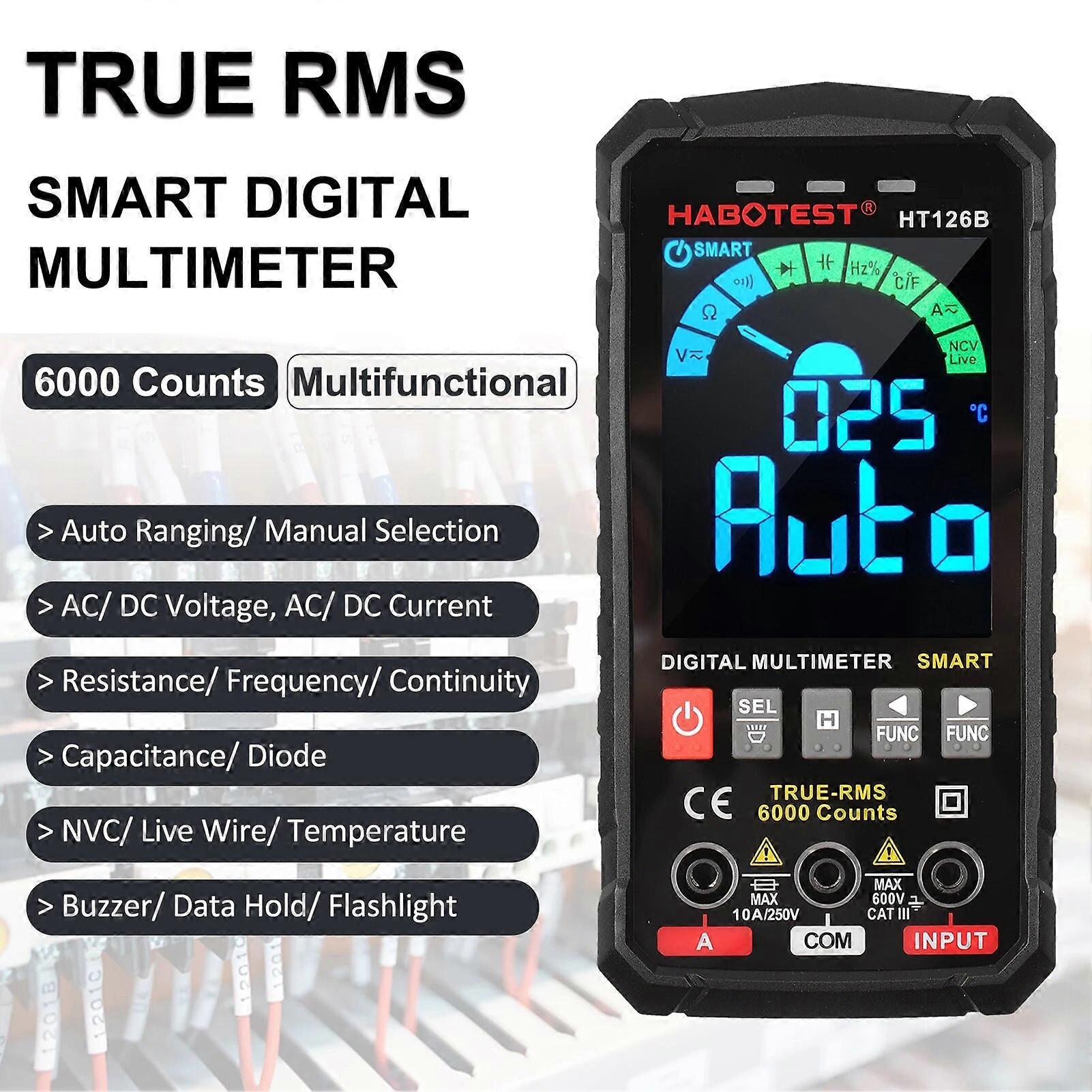HABOTEST HT126B Smart Digital Multimeter 6000 Counts True RMS Auto-ranging VA Color Screen Electrical Tester Voltmeter Ammeter