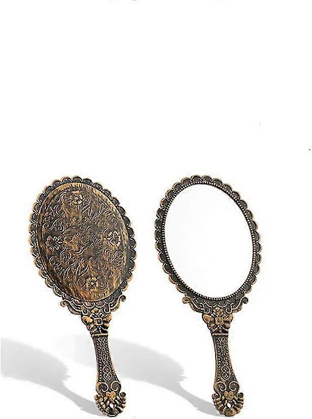 1 Pack Creative Retro Pattern Handle Makeup Mirror Portable Carry-on Lace Mirror Hand-held Mirror Makeup Tool (bronze)