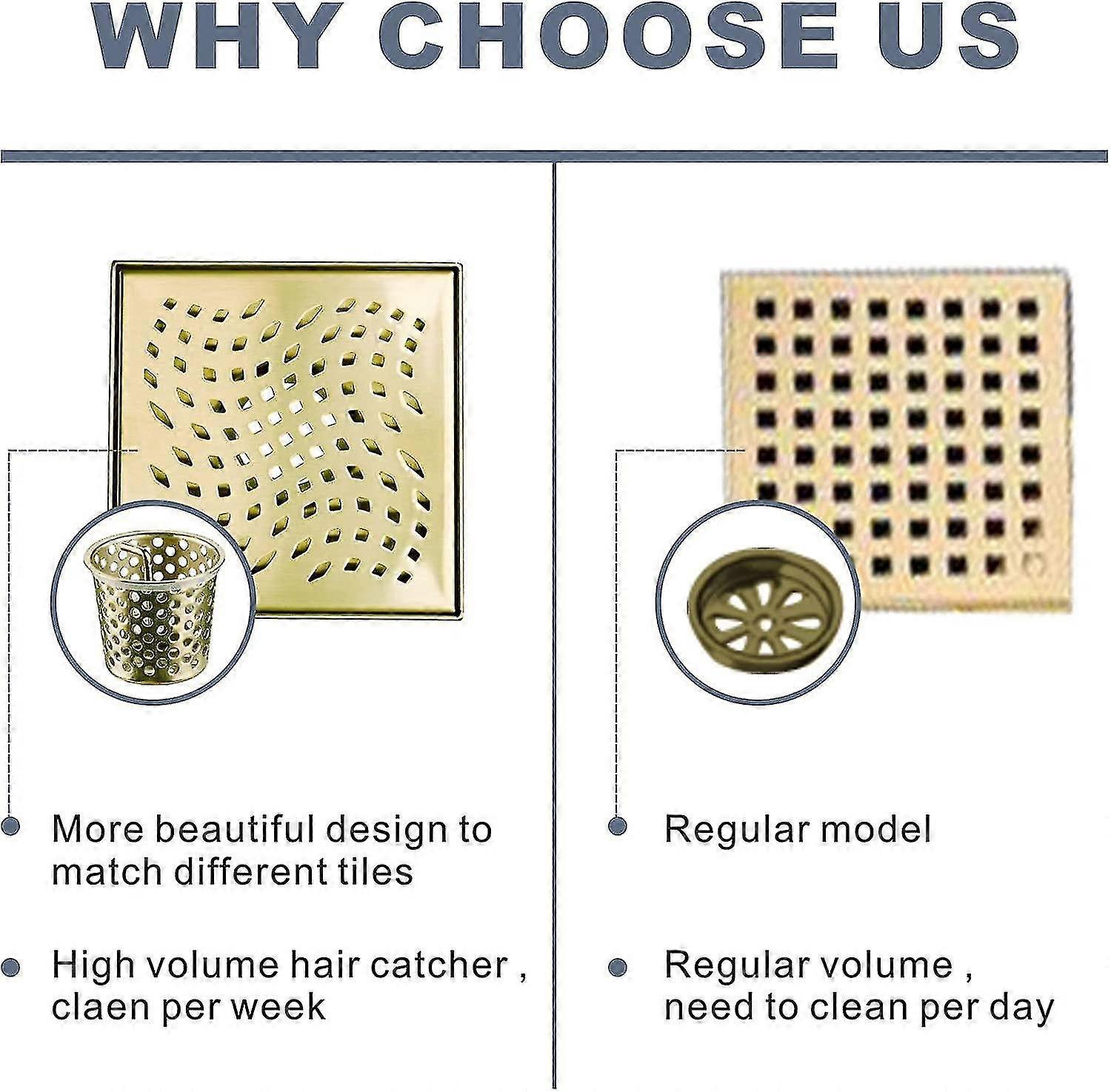 Bronze Square Shower Floor Drain With Hair Strainer – 4x4 Inch, SUS304 Stainless Steel, CUPC Certified, Adjustable Height – Antique Brass