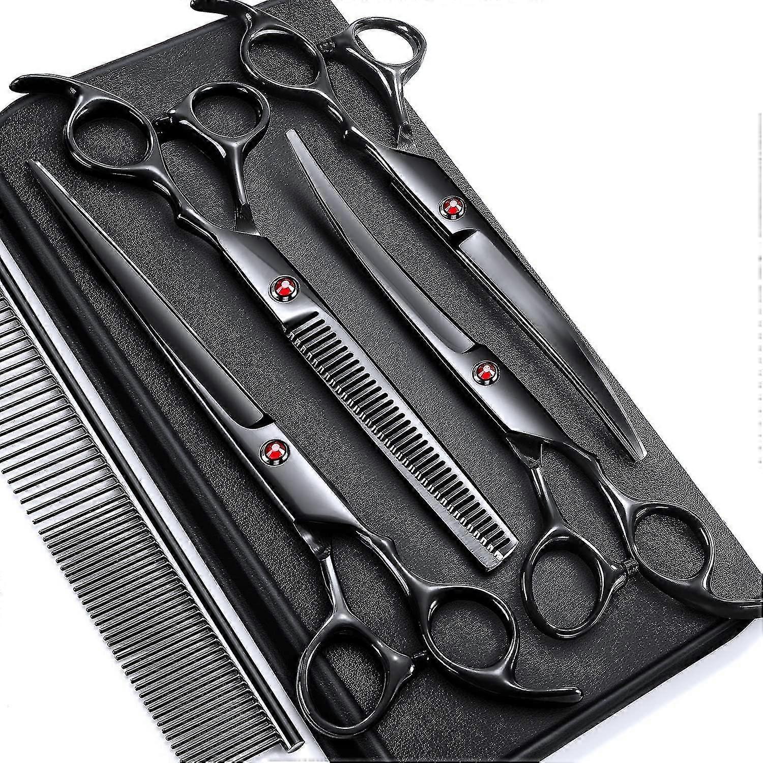 7.0in Stainless Steel 6 In 1 Professional Dog Grooming Scissors Kit, Heavy 4cr Titanium Coated Straight Thinning Curved Shears Comb Set For Dog
