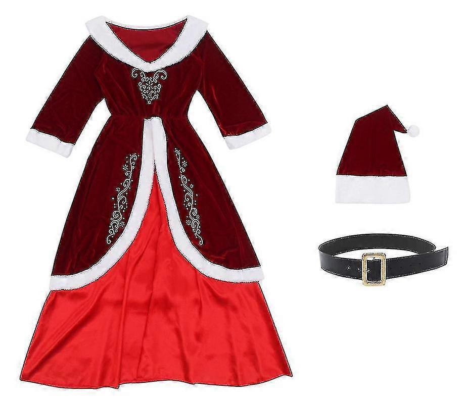 Damen Weihnachtsmann Kostüm – Rotes Samtkleid Mit Kunstfell, Gürtel & Bommelmütze | Größen M/L | Für Weihnachten & Cosplay