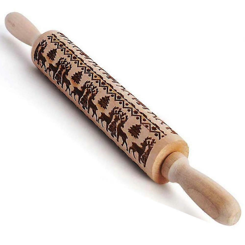 Embossed Wooden Rolling Pin, Engraved Embossing Rolling Pin With Christmas Flower Pattern
