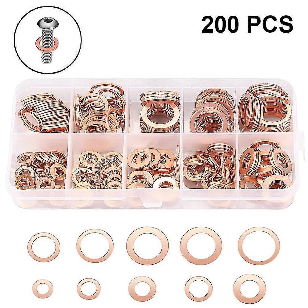 200pcs Flat Copper Washer Assortment Set M5-m14 O Ring Copper Gaskets