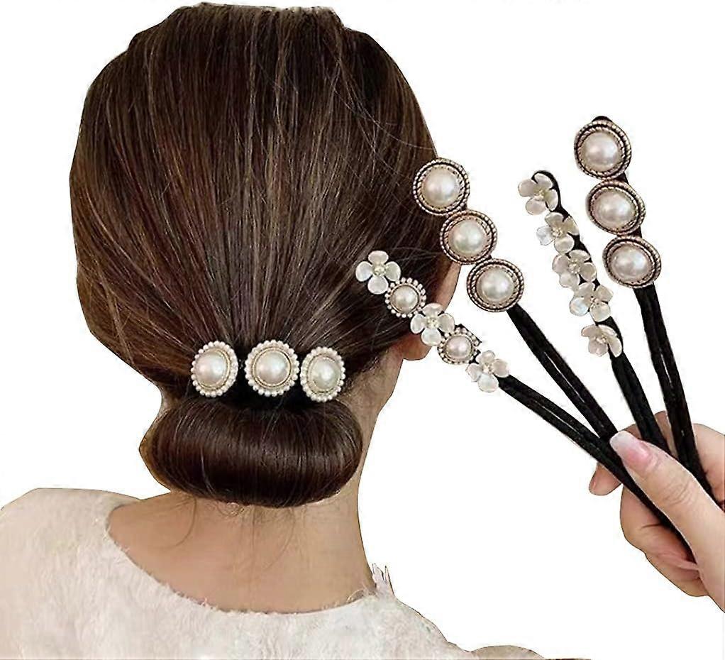 4 Pack Women's Magic Bun Maker with Pearls and Flowers Ponytail Bun Styler Front