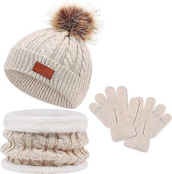 3 Stück Kinder Winter Strickmütze Schal und Handschuhe Set