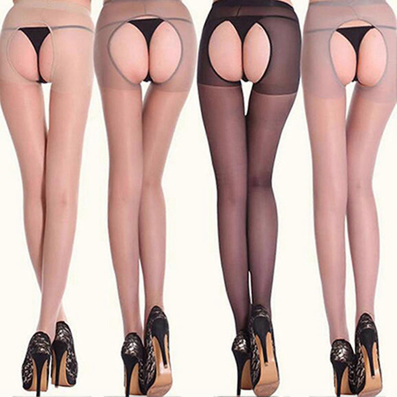 Calça Sólida Cor Crotchless Mulheres Sheer Open Crotch Collants Meias Leggings Para Dormir