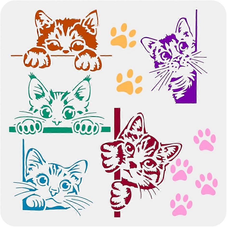 Peeping Cat Painting Stencil 11.8x11.8 inch Cat Border Template Hollowed Cute Cats Stencil Large Cat Paw Prints Template Cat Footprint Stencil Animal