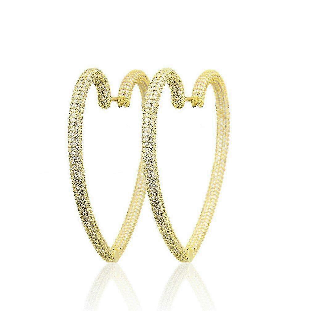 Large Earrings Heart Hollow Golden Diamond Embedded Fully Jeweled Copper for Daily Use