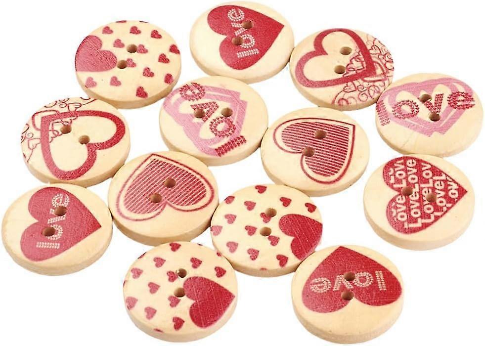 20MM 50Pcs 2 Holes Painted Wooden Buttons Heart Pattern Printed Natural Buttons Round Red Print Wood Sewing Buttons Bulk for Sewing Making Craft Valen
