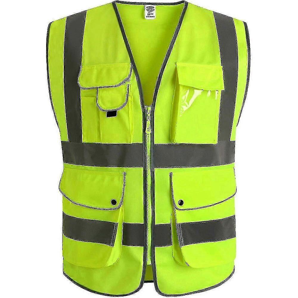 9 Pockets Class 2 High Visibility Zipper Front Safety Vest With Reflective Strips, Yellow Meets Ansi/isea Standards