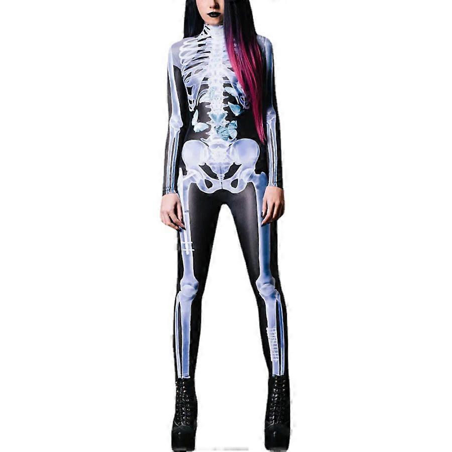 ハロウィーンのための女性の長袖3Dスケルトンプリントボディスーツ