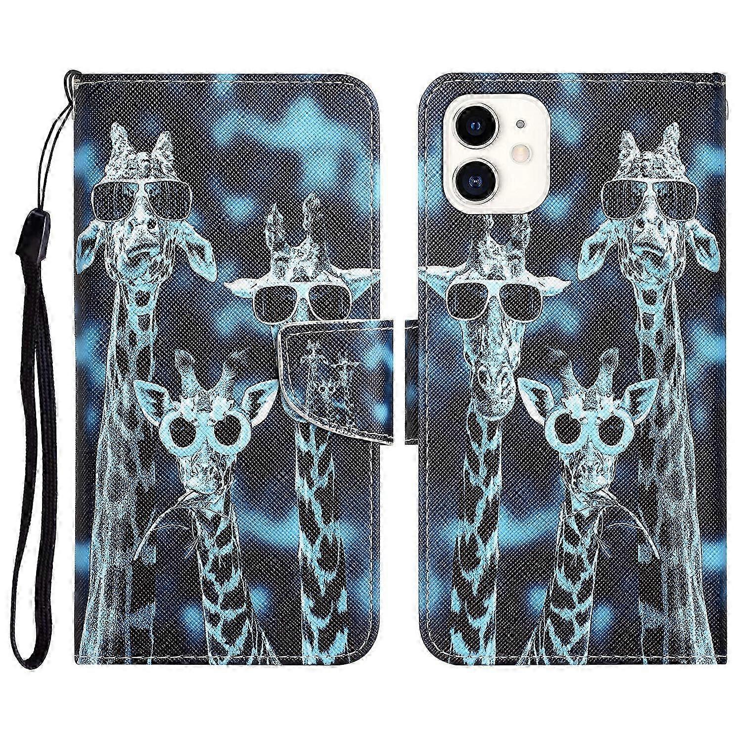 Compatible with iPhone 11 Colorful Painting Pattern PU Leather Case with Card Pocket Strap
