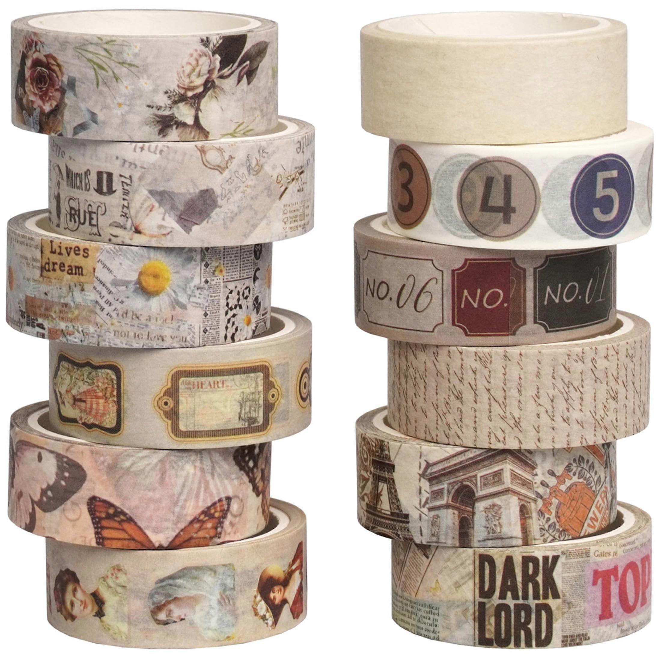 12 Rolls Vintage Washi Tape Set for DIY Crafts and Journals