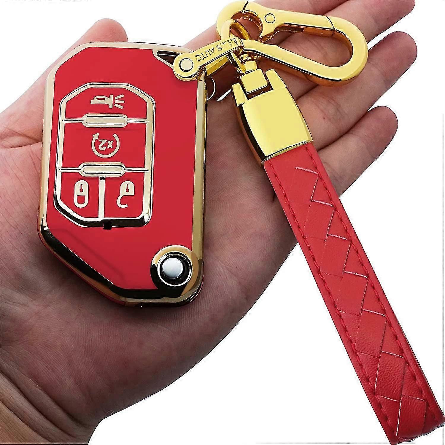 for Jeep flip key fob cover with Leather keychain,Fashion Soft TPU Protector Key Shell Compatible with Wrangler JL JLU Gladiator JT Rubicon remote fli