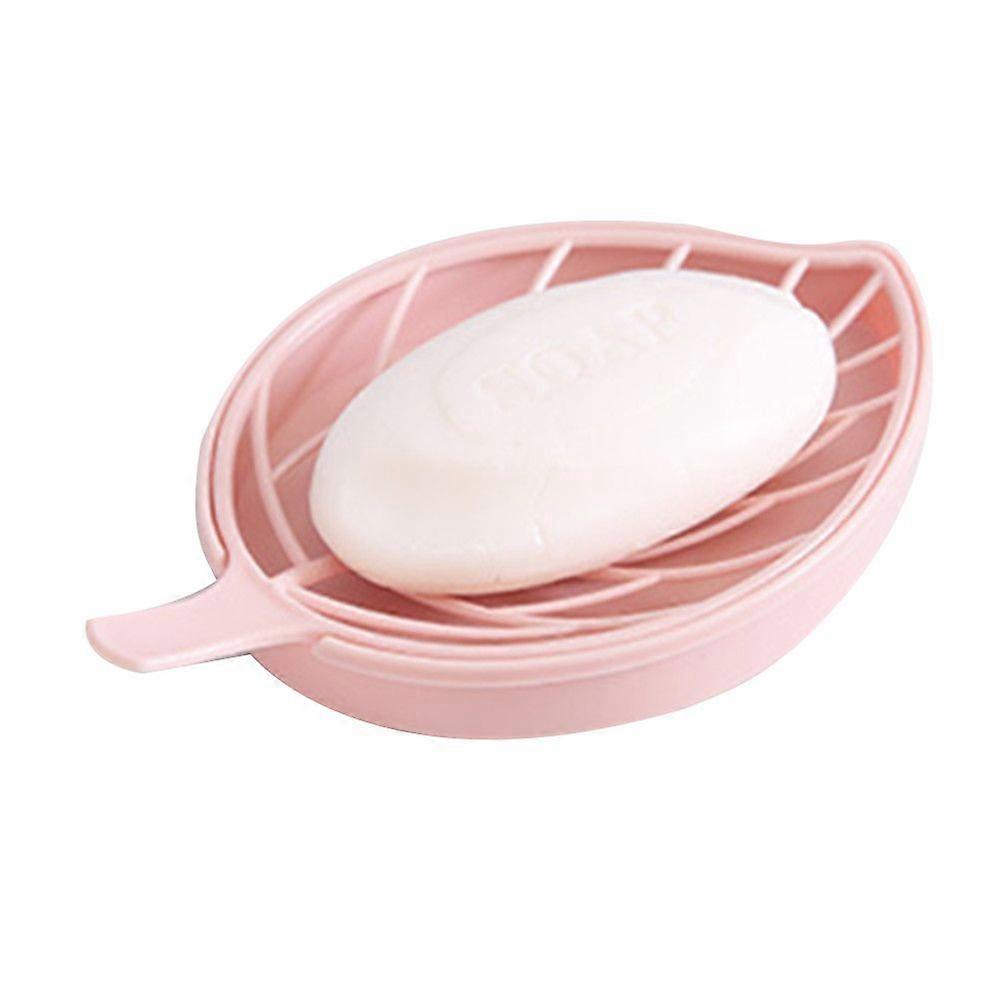 Double Layers Leaf Shape Plastic Soap Dish Box Holder Tray Bathroom Kitchen (Pink)