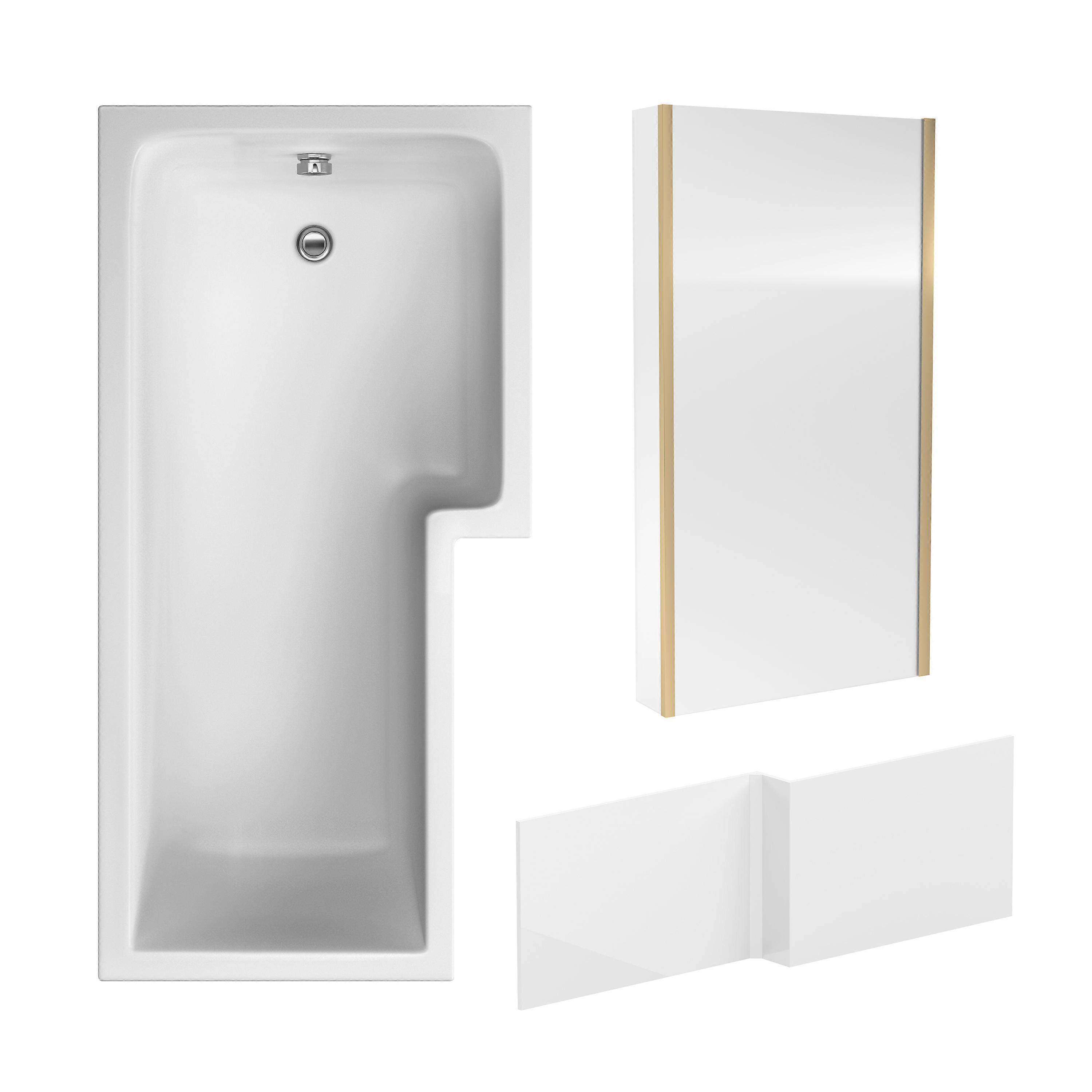 L Shape 1700x850 Shower Bath Set - Front Panel & Brushed Brass Fixed Return Screen, Right Hand