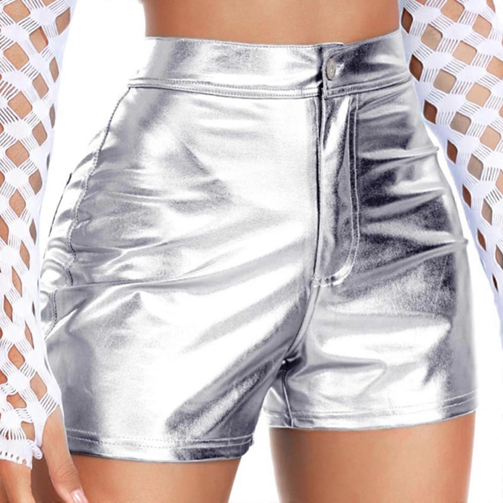 Eye Catching Women's High Waist Glossy Shorts PU Leather Clubbing Hot Pants Push Up Tight Shorts Short Trousers  Silver XL