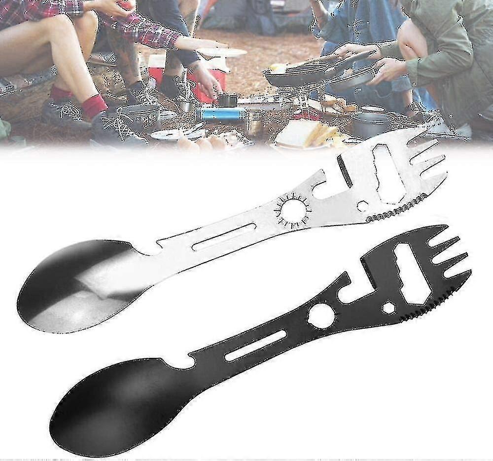 قطع أدوات المائدة التخييم، الفولاذ المقاوم للصدأ ملعقة شوكة التخييم مزيج 6 في 1 المحمولة متعددة الوظائف