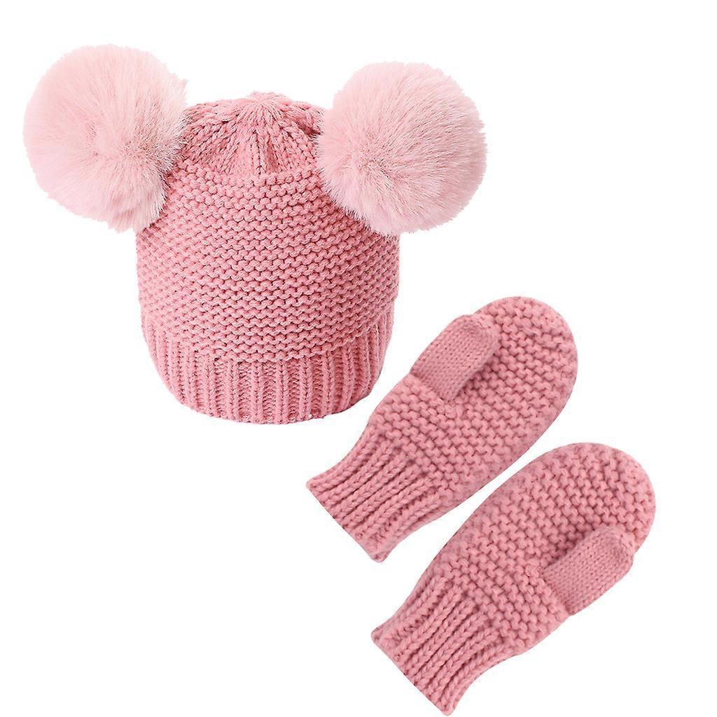 Knitted Baby Winter Hat & Gloves Cozy Hat Mittens Windproof Beanie Cap Infant Headwear Headdress Clothing Accessories  Pink