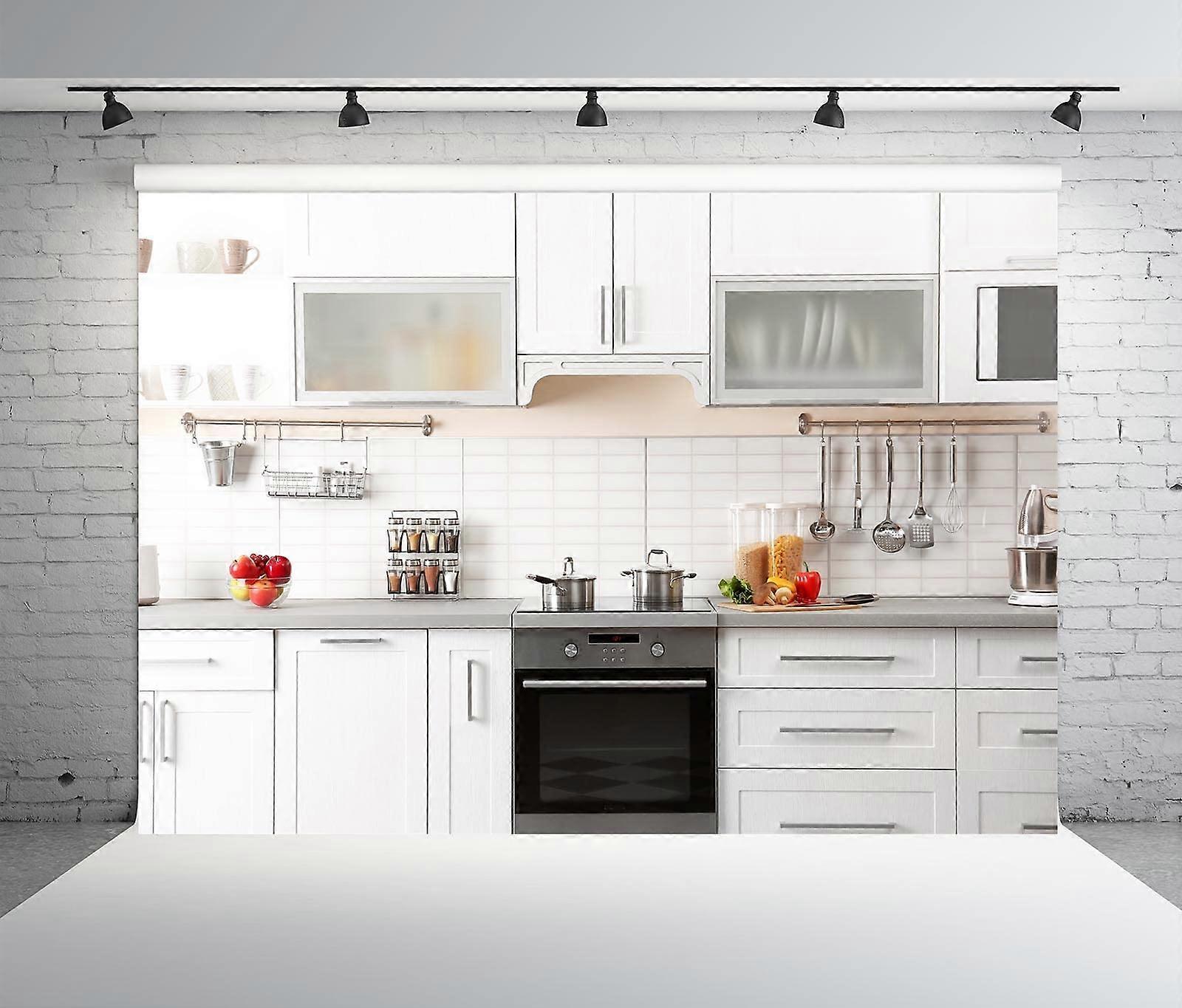 9x6ft Fabric Kitchen Background Photography, Modern White Kitchen Wall  Backdrop, Perfect for Home and Studio Use, image size:1600x1365