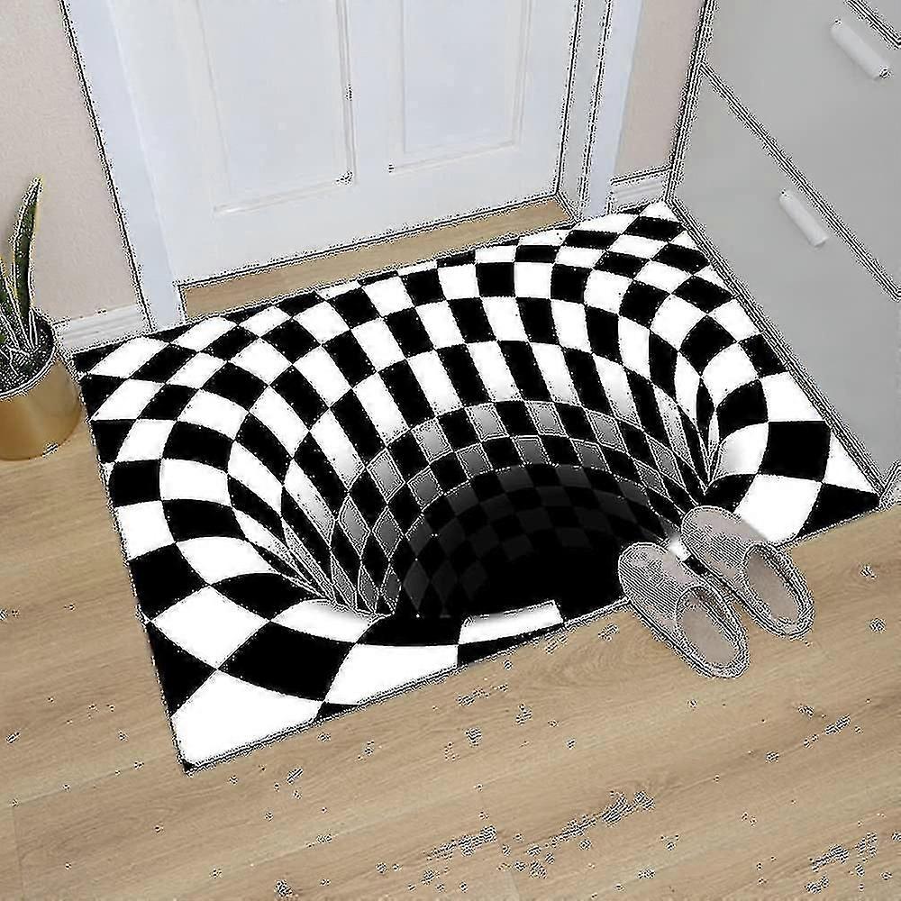 Optisk illusion tæppe 3d stereo ternet hvirvel Optiske illusioner Tæppe Sjov fornemmelse af at falde sort / hvid skridsikker Plaid Hul Område Tæppe til spisning