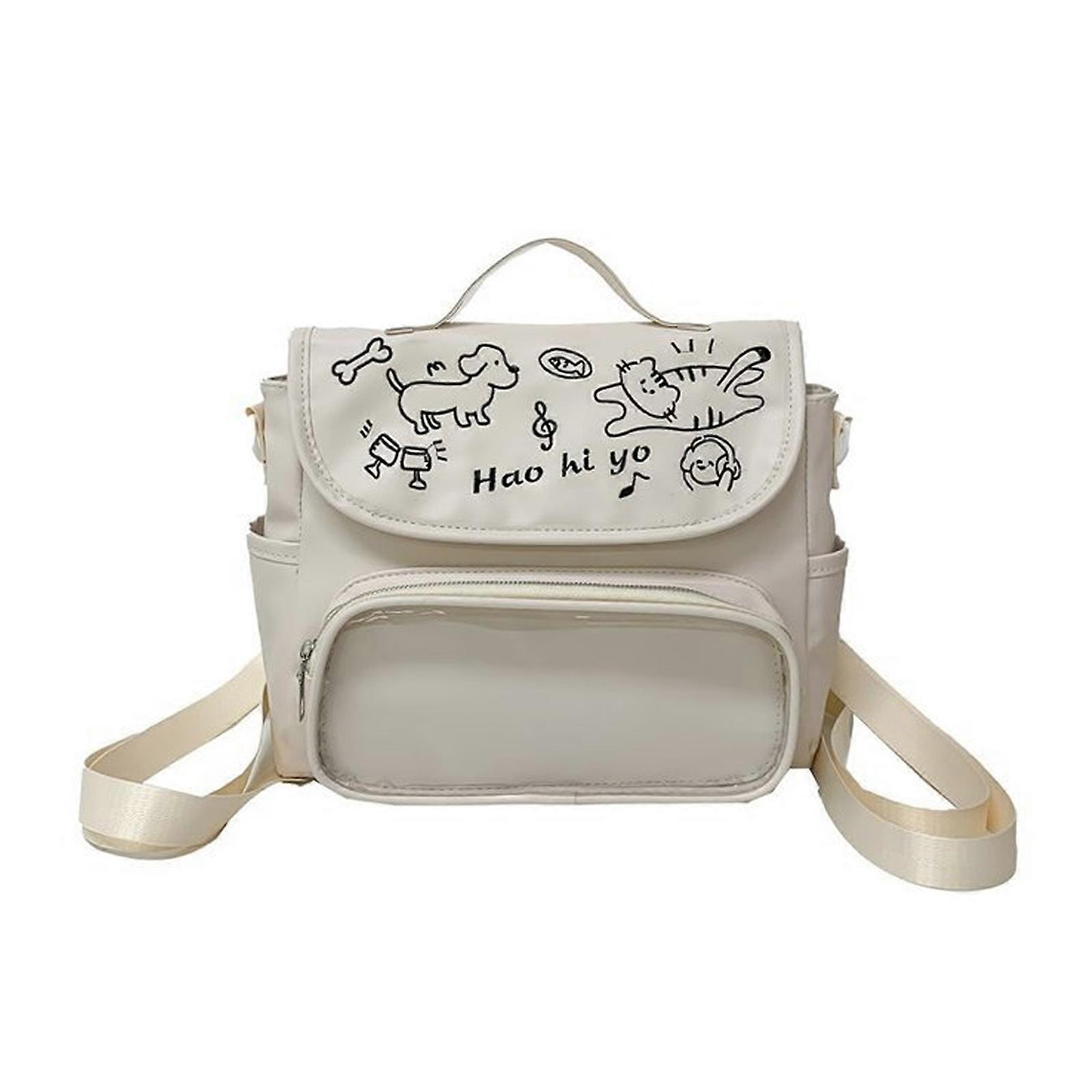 Retro School Backpack Women's Shoulder Bag with See Through Window and Adjustable Strap for Everyday Use  White