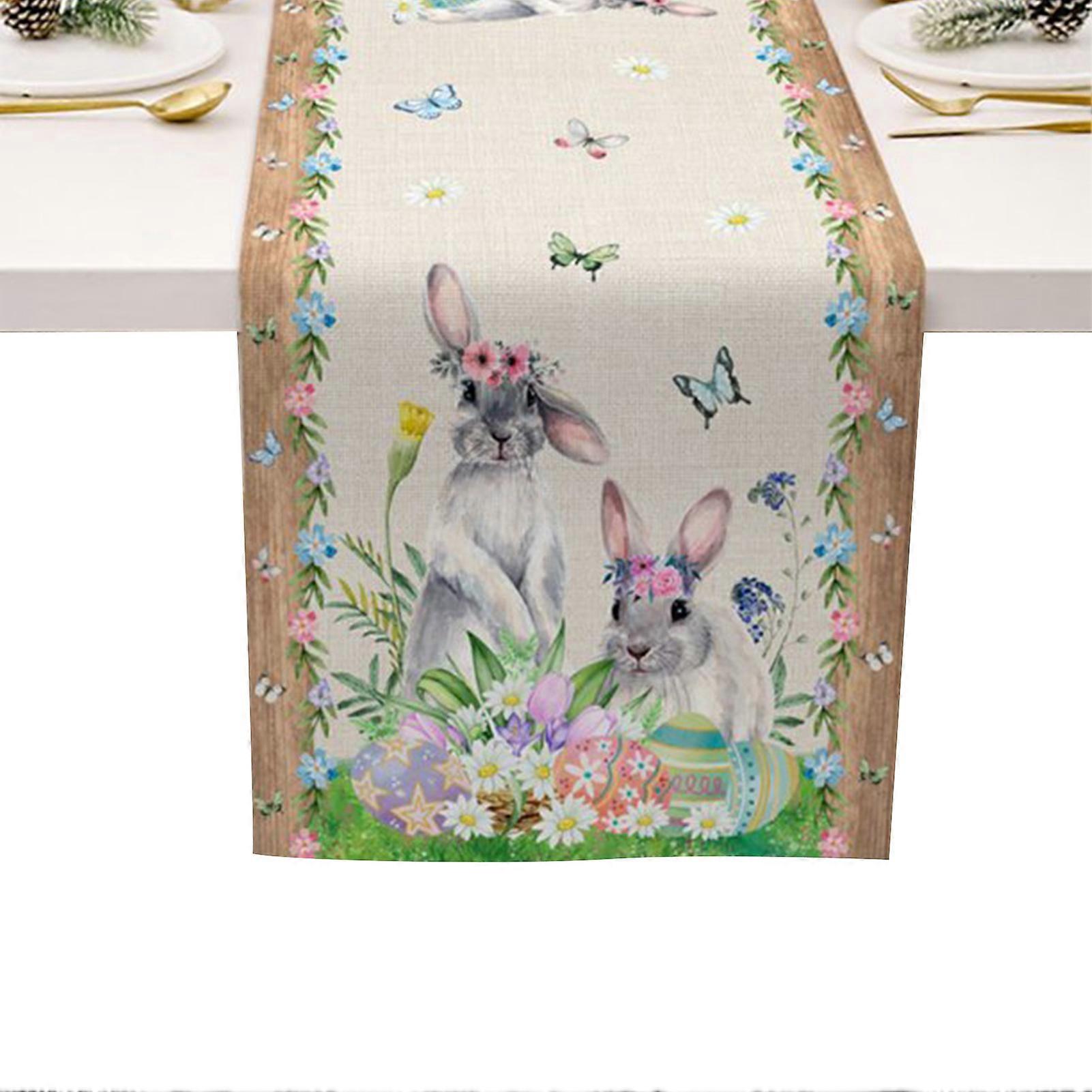 Bunny Flowers Easter Table Runner Holiday Table Runners Easter Decoration for Home Kitchen Dining
