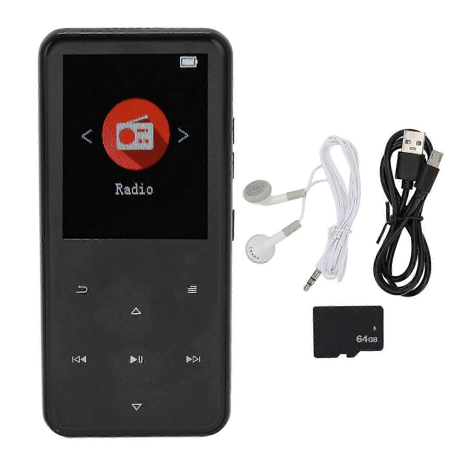 MP3 Player 2.4 Inch Smart HD Noise Reduction Touch Button FM Radio 16GB Bluetooth 5.0 Music Player with Memory Card Black 64GB Memory Card hwy