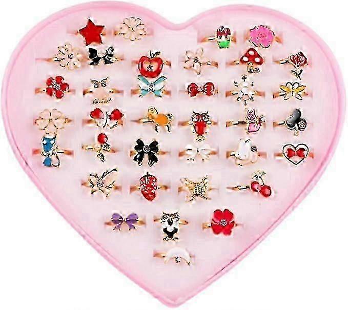 36 stk piger ringe justerbare ringe til prinsesse med hjerteform boks til børn fest favoriserer